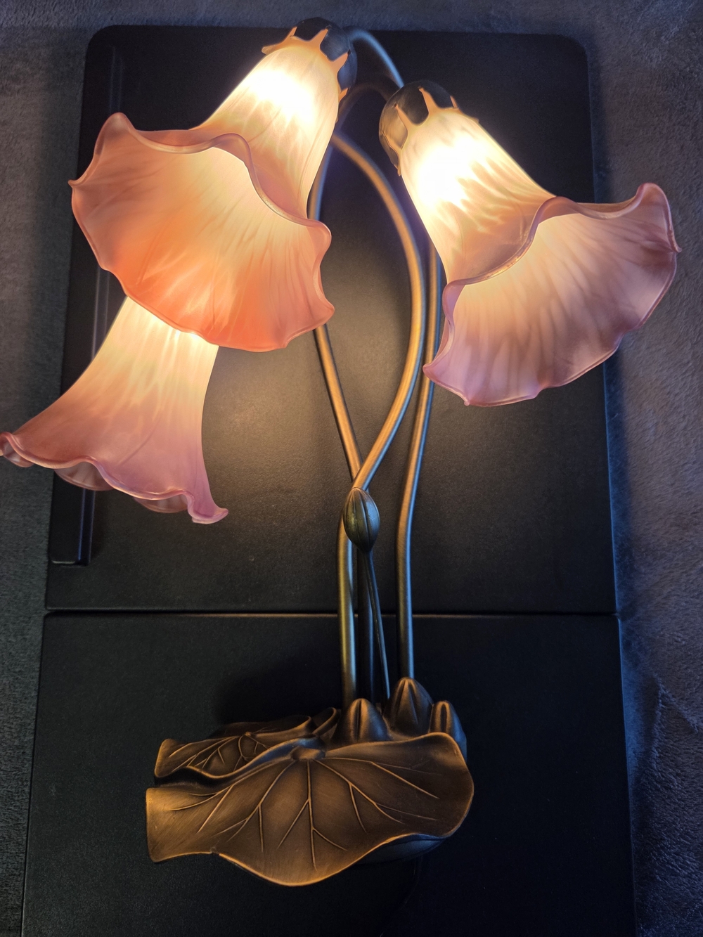 Pink Floral Glass Accent Lamp with Leaf Motif Base